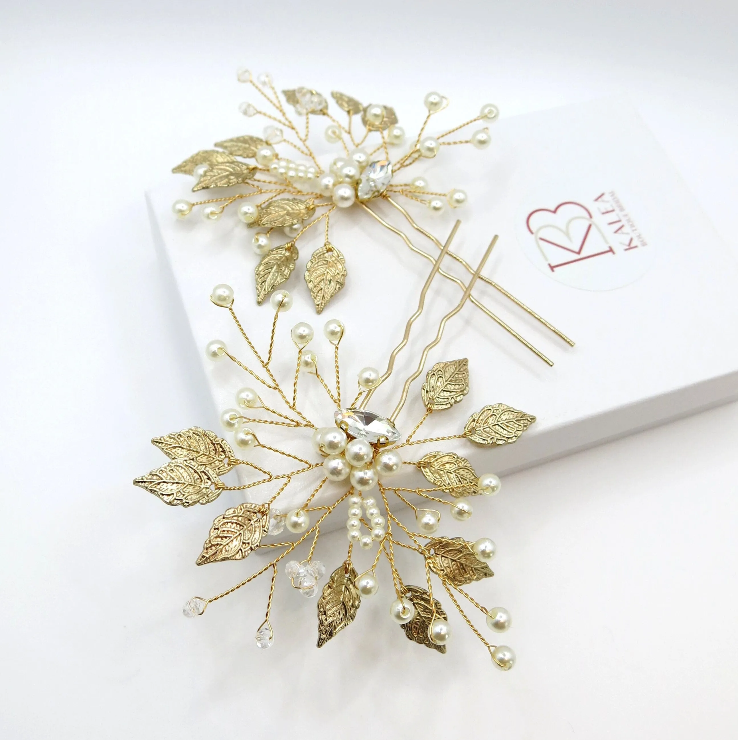 Flower Gold Leaf 2 PC Hairpin Set, Bridal Gold Wire Hair Pins, Wedding Rhinestone Large Hairpins