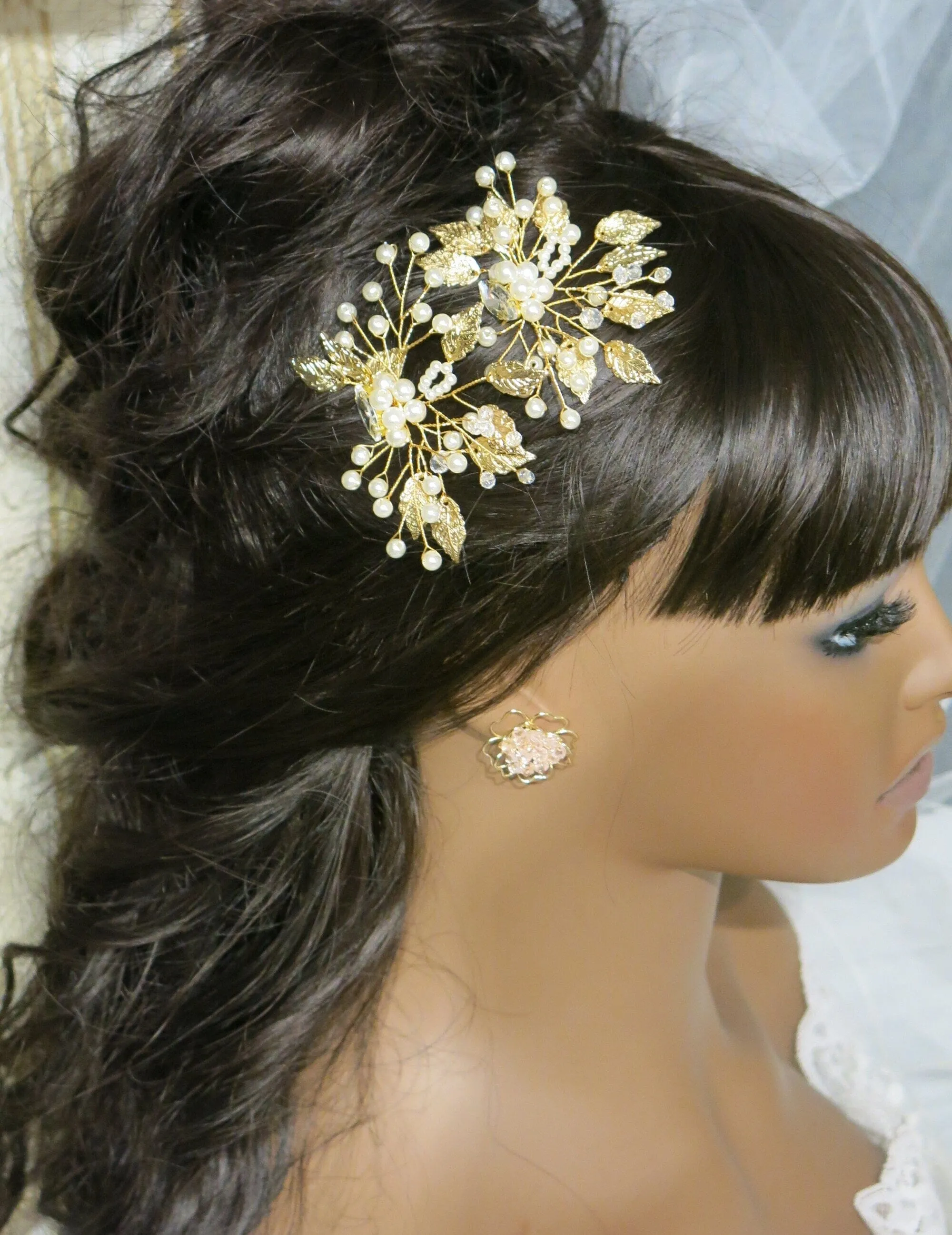 Flower Gold Leaf 2 PC Hairpin Set, Bridal Gold Wire Hair Pins, Wedding Rhinestone Large Hairpins
