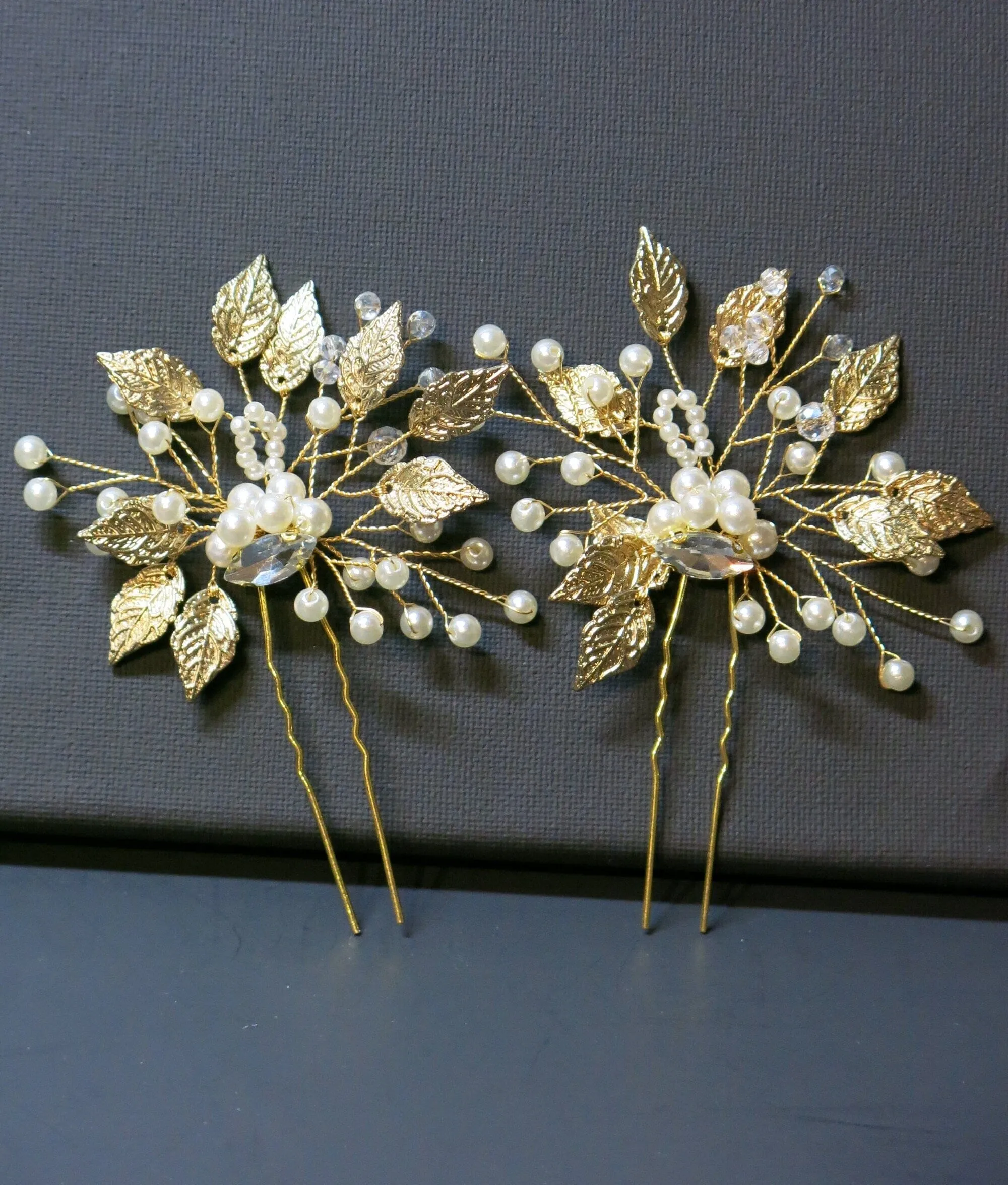 Flower Gold Leaf 2 PC Hairpin Set, Bridal Gold Wire Hair Pins, Wedding Rhinestone Large Hairpins