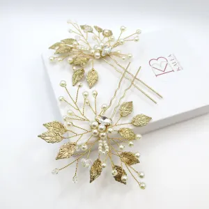 Flower Gold Leaf 2 PC Hairpin Set, Bridal Gold Wire Hair Pins, Wedding Rhinestone Large Hairpins