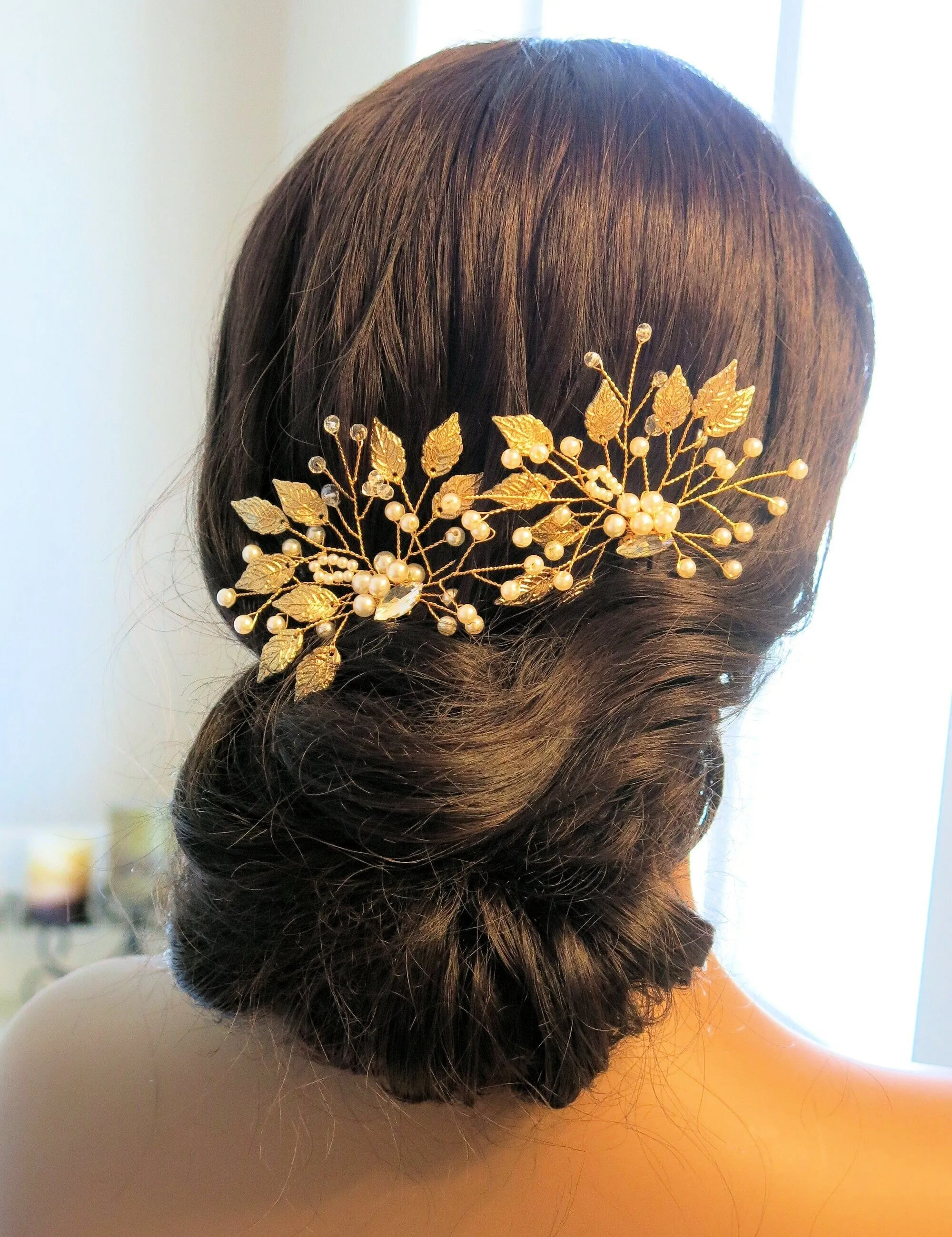 Flower Gold Leaf 2 PC Hairpin Set, Bridal Gold Wire Hair Pins, Wedding Rhinestone Large Hairpins