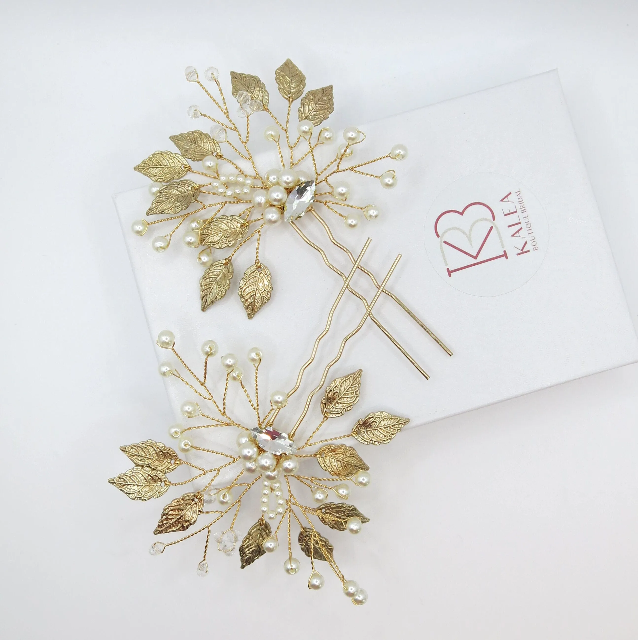 Flower Gold Leaf 2 PC Hairpin Set, Bridal Gold Wire Hair Pins, Wedding Rhinestone Large Hairpins