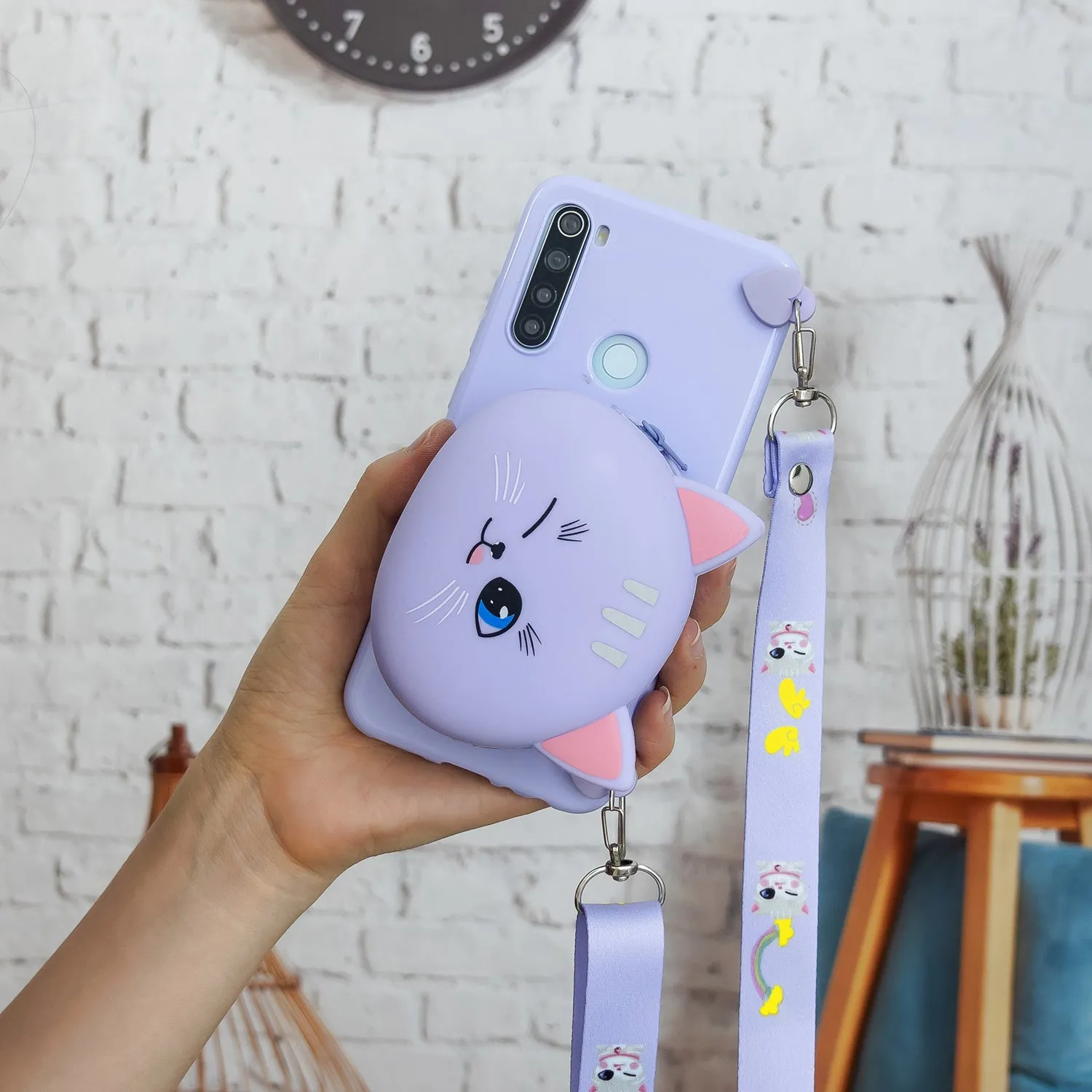 For Redmi Note 8/8T/8 Pro Cellphone Case Mobile Phone Shell Shockproof TPU Cover with Cartoon Cat Pig Panda Coin Purse Lovely Shoulder Starp  Red