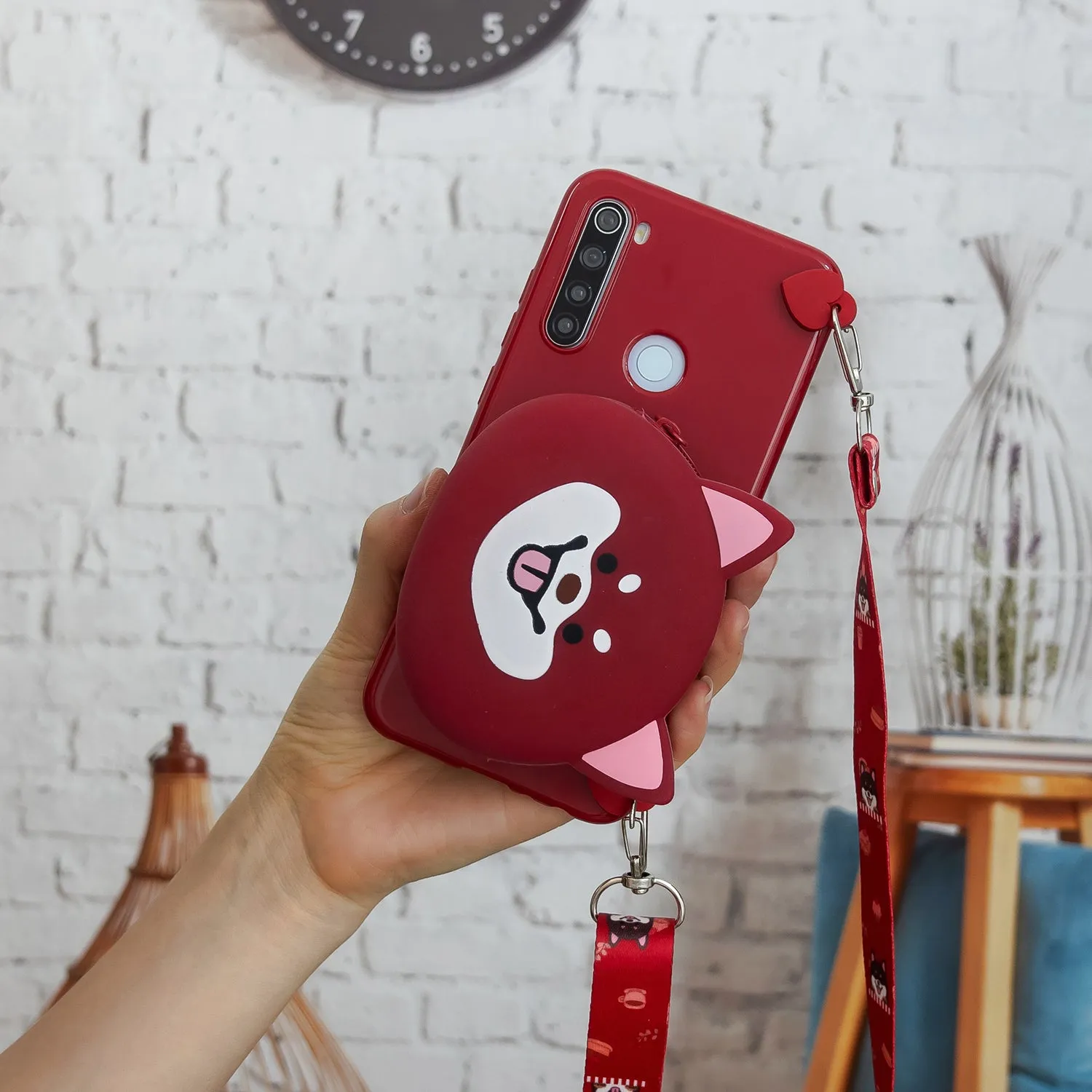 For Redmi Note 8/8T/8 Pro Cellphone Case Mobile Phone Shell Shockproof TPU Cover with Cartoon Cat Pig Panda Coin Purse Lovely Shoulder Starp  Red