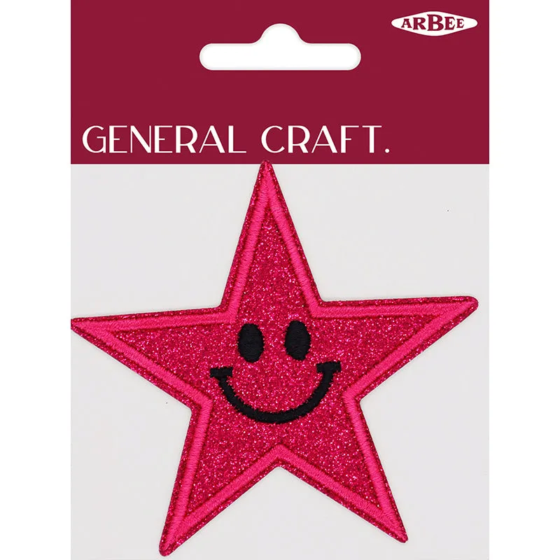GLITTER PATCH SMILE STAR FUSHIA 85MM 1PC
