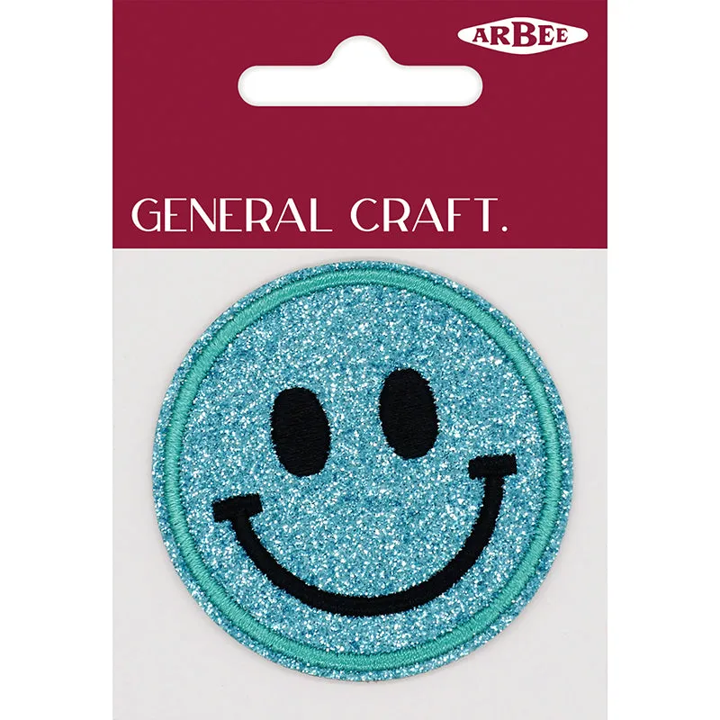 GLITTER PATCH SMILEY FACE AQUA 60MM 1PC
