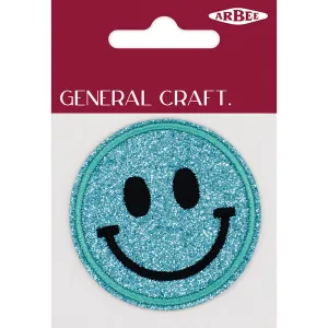 GLITTER PATCH SMILEY FACE AQUA 60MM 1PC