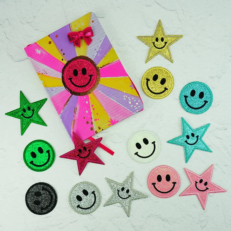 GLITTER PATCH SMILEY FACE AQUA 60MM 1PC