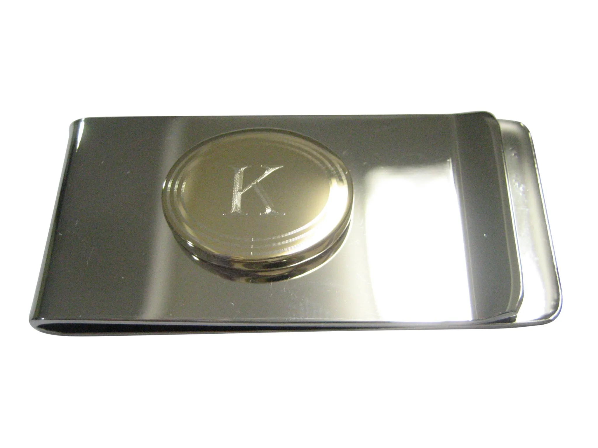 Gold Toned Etched Oval Letter K Monogram Money Clip