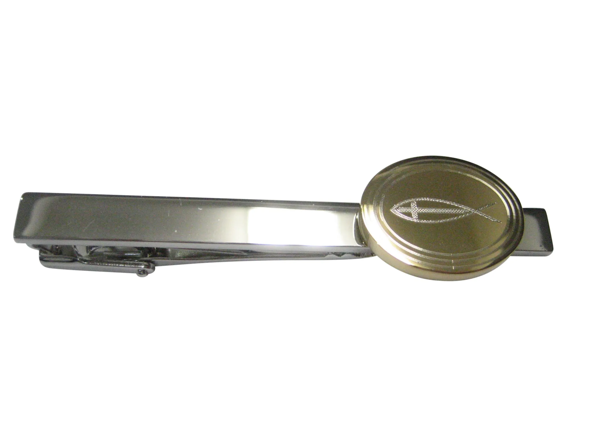 Gold Toned Etched Oval Religious Ichthys Fish with Cross Tie Clip