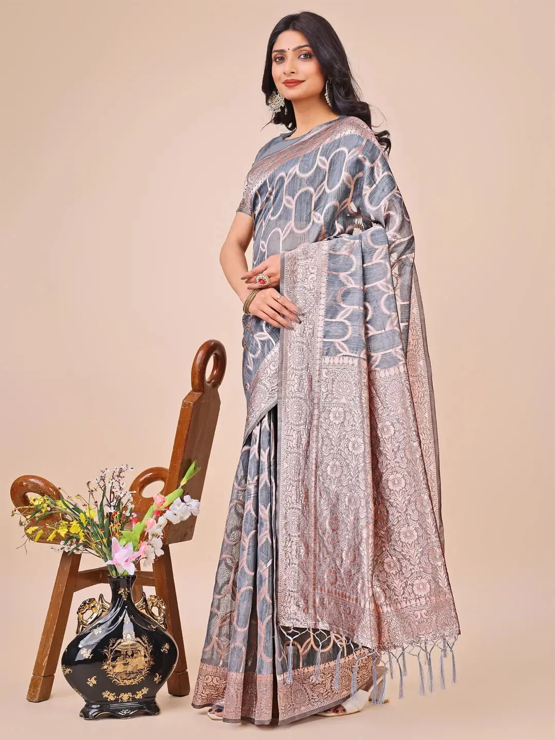 Gray Linen Cotton Saree