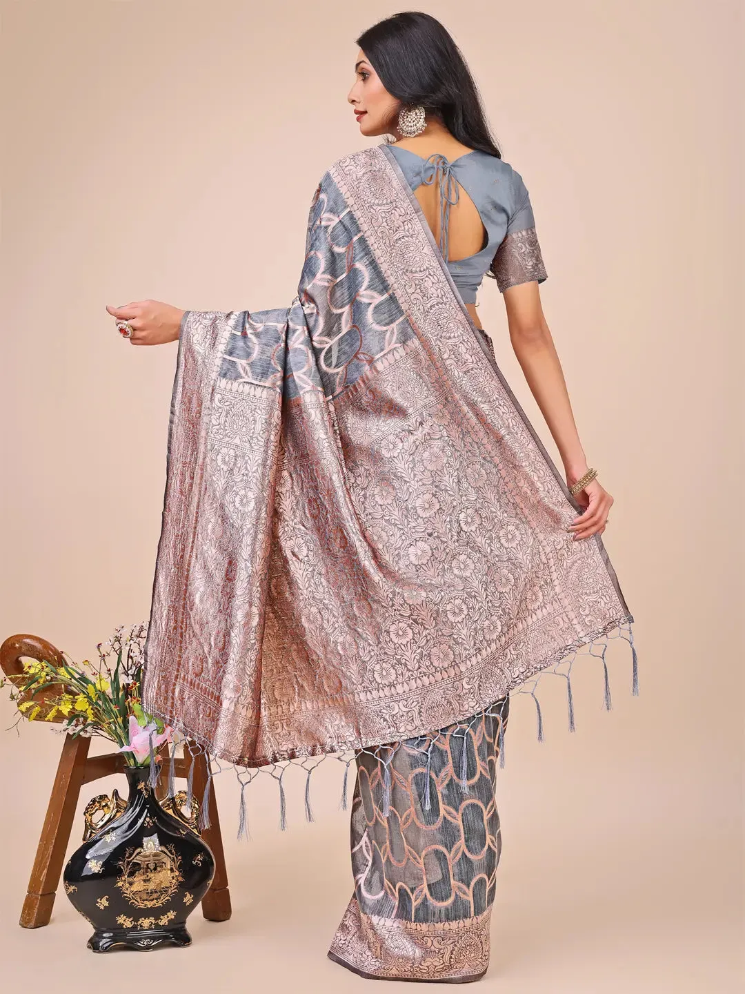 Gray Linen Cotton Saree