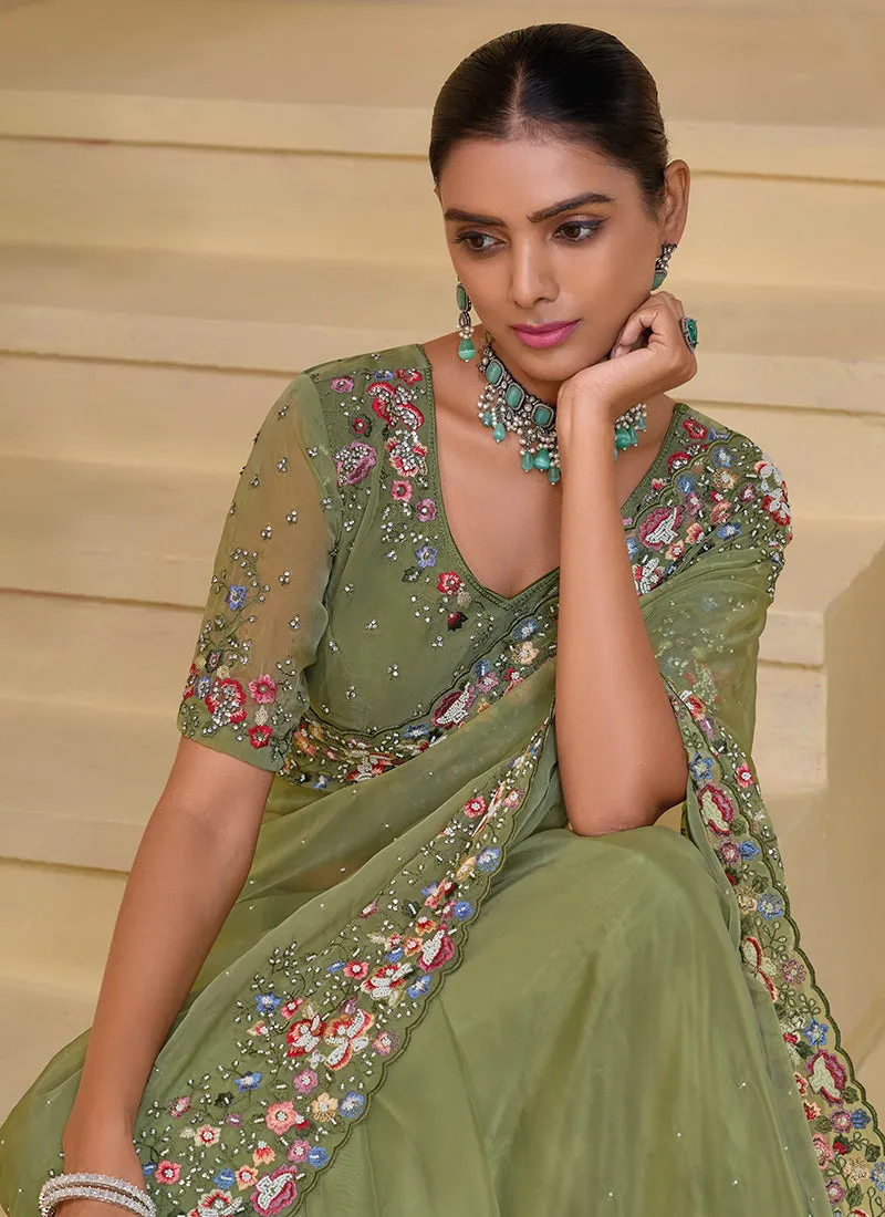Green Multi Embroidery Festive Silk Saree
