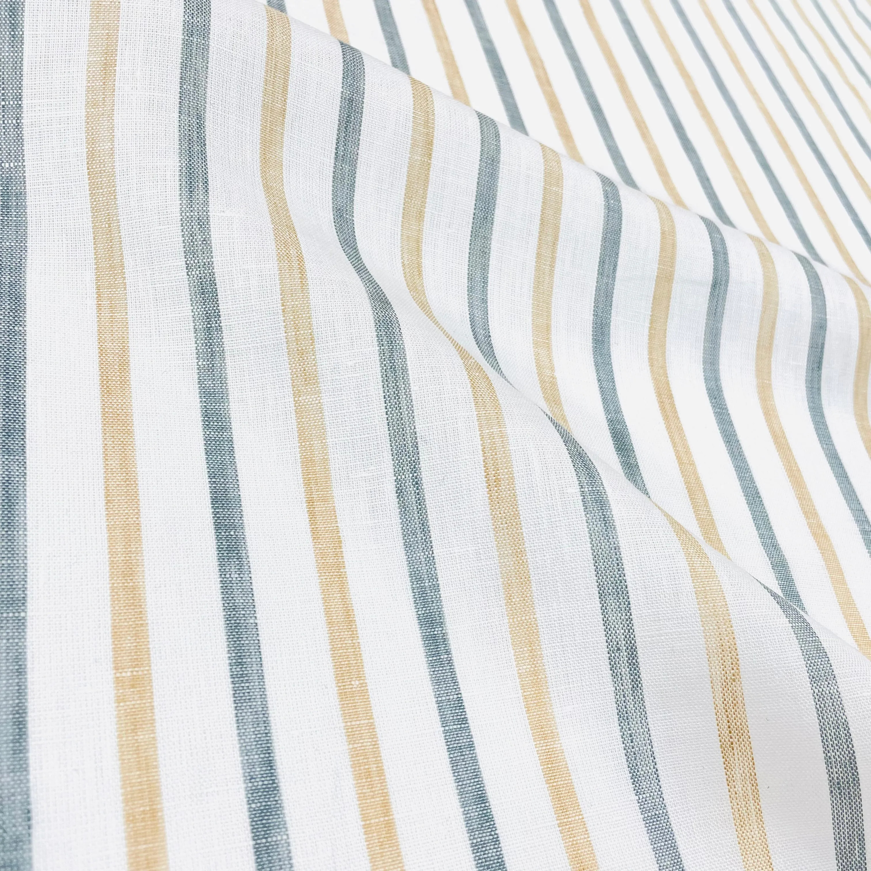 Green Yellow Striped 100% Natural Linen Fabric By The Yard/CL1045