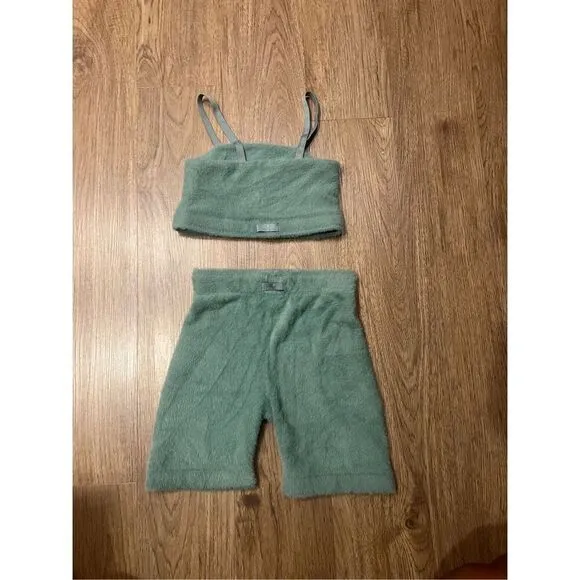 Gymshark x Whitney Simmons set green eyelash fuzzy knit bandeau top &amp; shorts Set