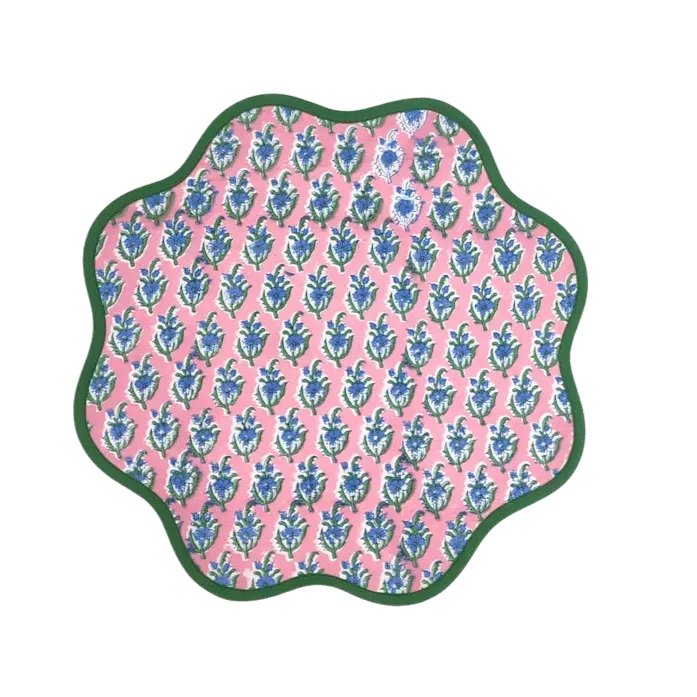 Hand Blocked Floral Scalloped Round Placemats