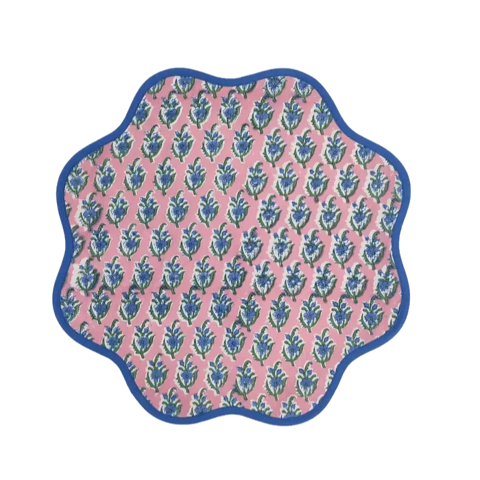 Hand Blocked Floral Scalloped Round Placemats