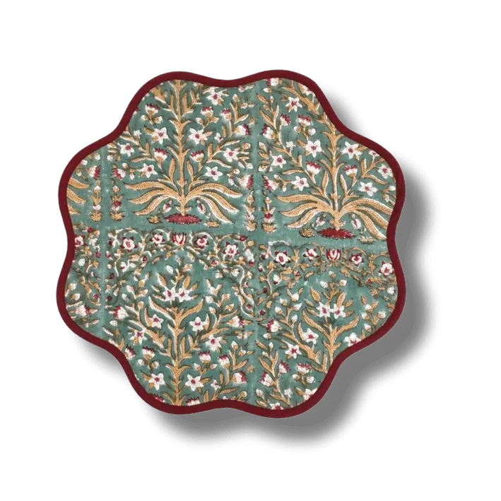 Hand Blocked Scallop Green Floral Round Placemats