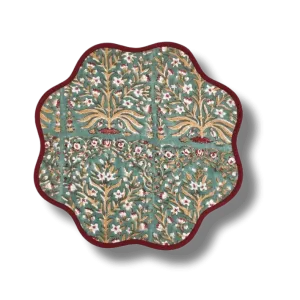 Hand Blocked Scallop Green Floral Round Placemats