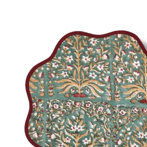 Hand Blocked Scallop Green Floral Round Placemats