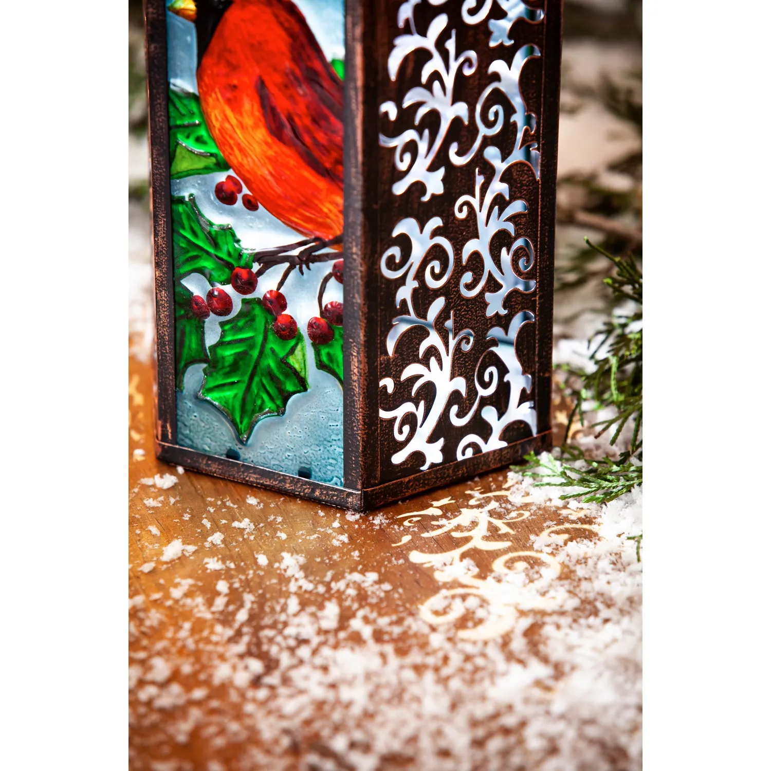 Handpainted Embossed Glass and Metal Solar Lantern, Holiday Cardinal,5.91"x5.31"x8.27"inches