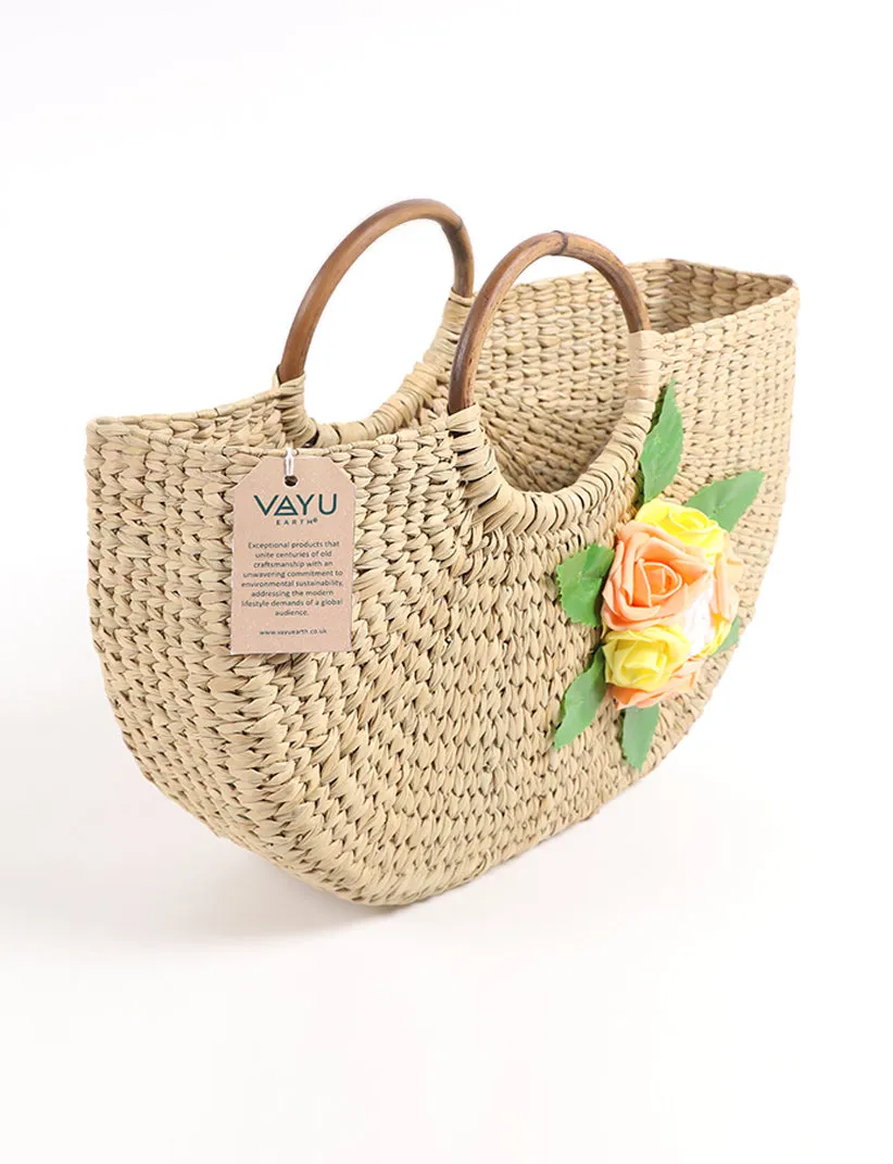 Handwoven Kauna Grass Bag with Floral 3D Design Women's Basket