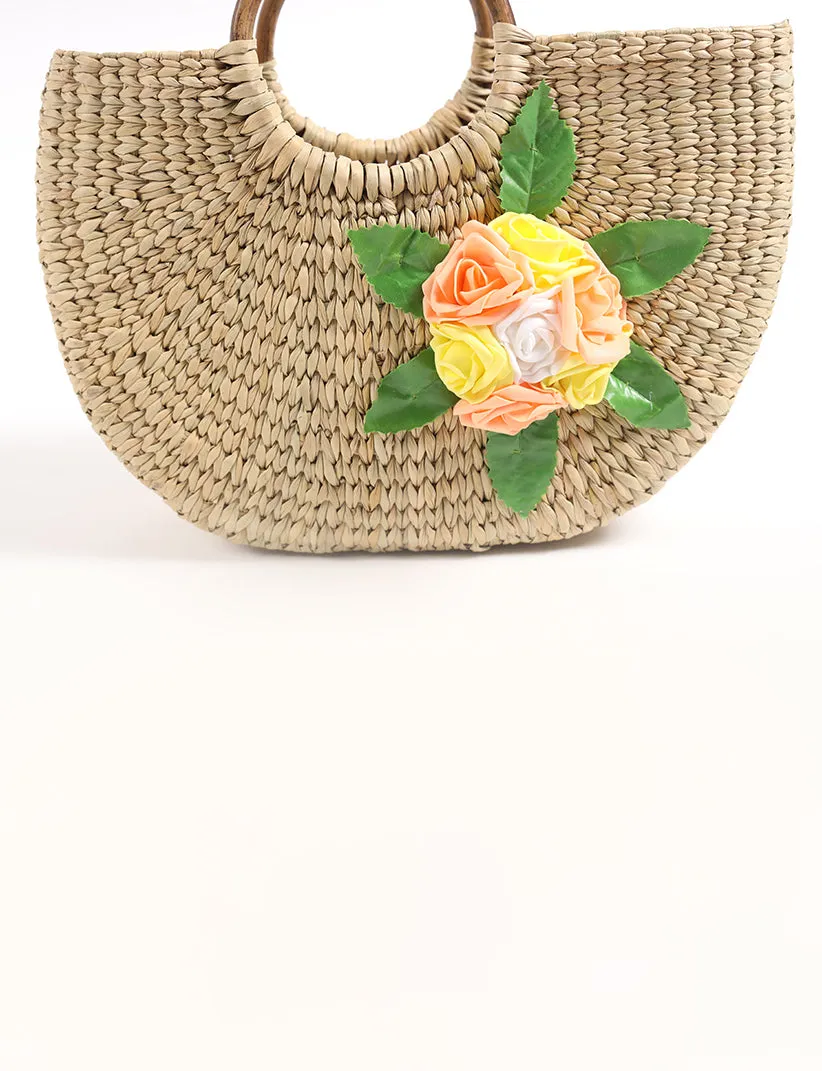 Handwoven Kauna Grass Bag with Floral 3D Design Women's Basket
