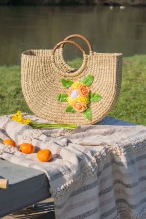 Handwoven Kauna Grass Bag with Floral 3D Design Women's Basket