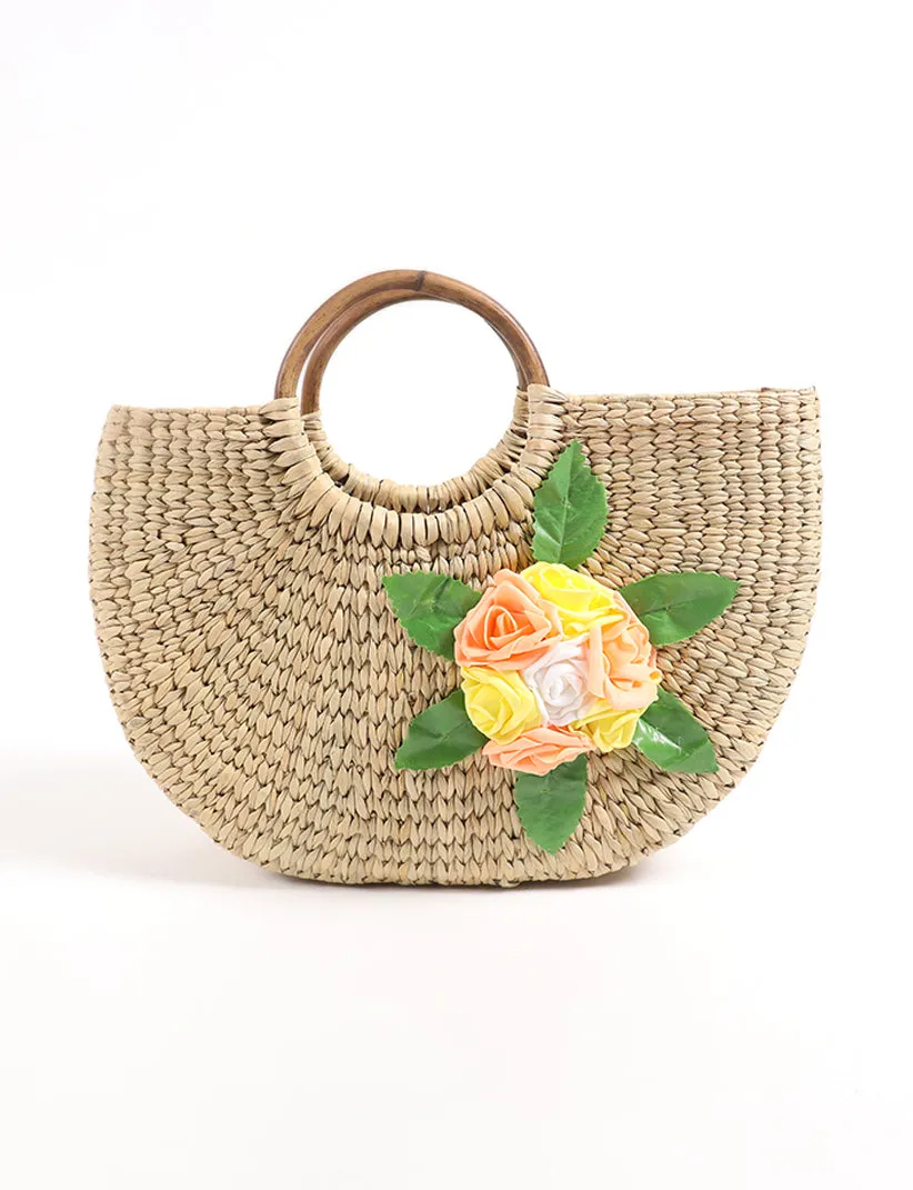 Handwoven Kauna Grass Bag with Floral 3D Design Women's Basket