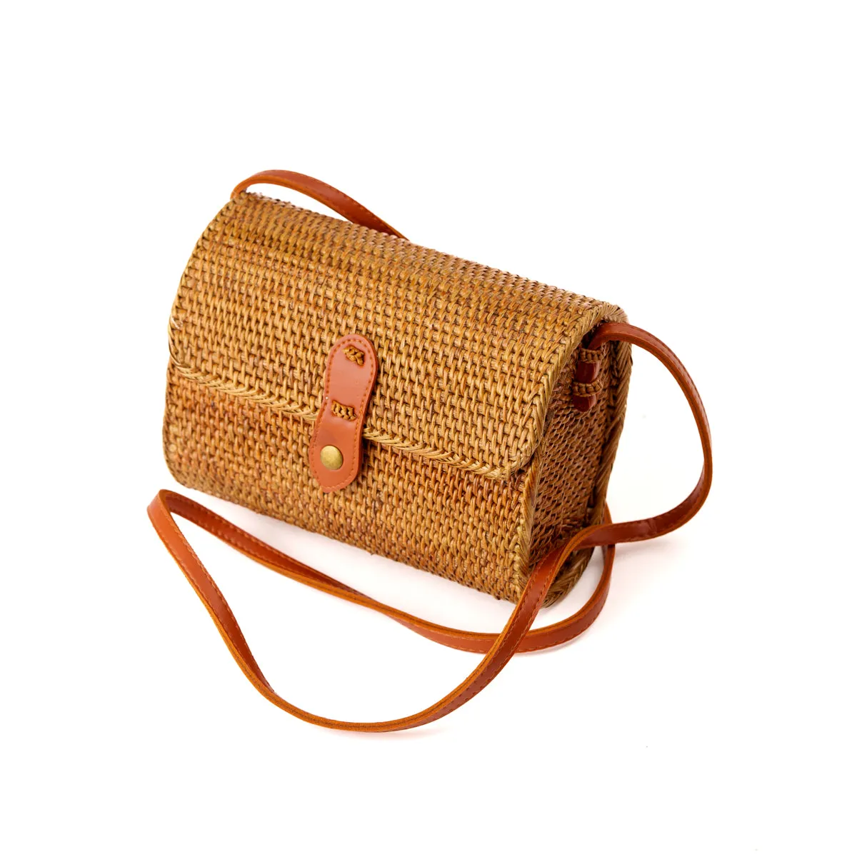 Handwoven Rectangle Shape Rattan Bag Women Beach Straw Woven Crossbody Bag Purse Handbag Shoulder Bag with Leather Strap and Openable flap