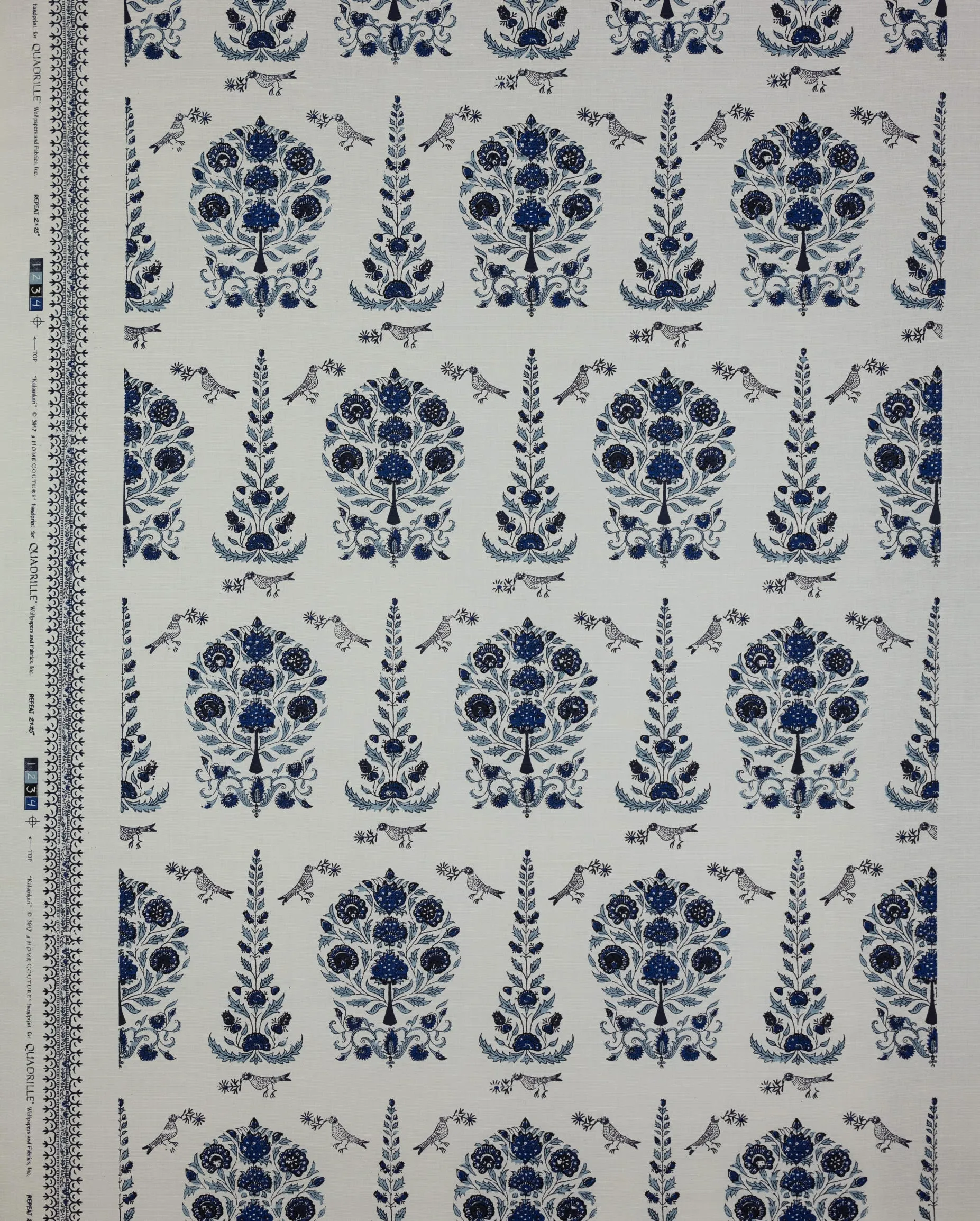 Home Couture Fabric: Kalamkari Allover - Custom Slate / Sky / Royal / Dk Blue on Tinted Belgian Linen/Cotton