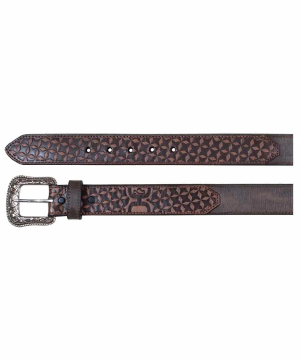 Hooey Dark Wash Tooled Geometric Western Leather Belt - 1833BE7