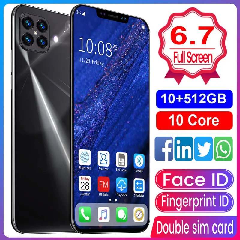 i12 6.7Inch Large Screen Phone Notch Screen Android Quickly Unlock Smartphone(10 512G) black_British plug