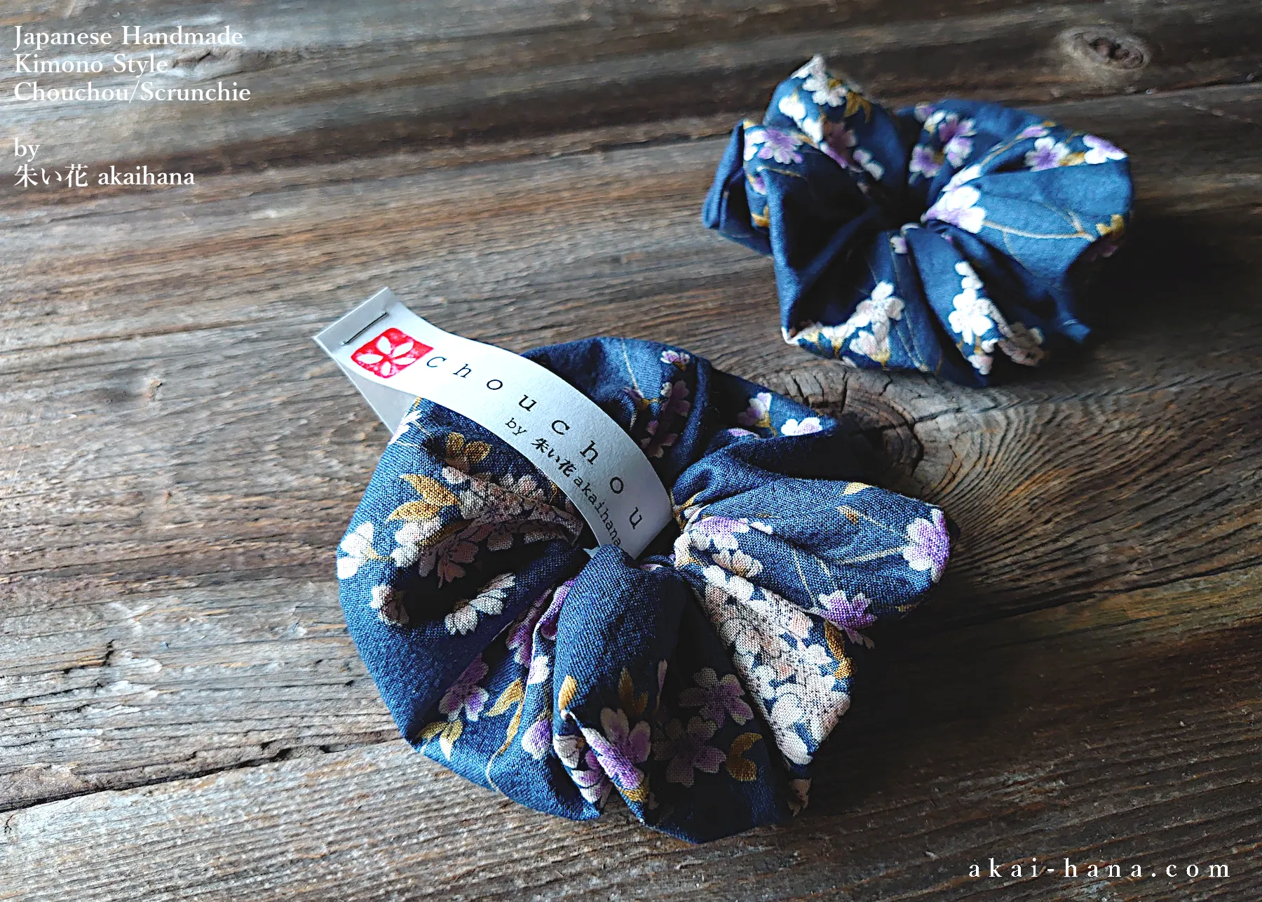 Japanese Handmade Kimono style Scrunchies, Shidarezakura (Weeping Cherry) Dark Blue ⦿scjf0001