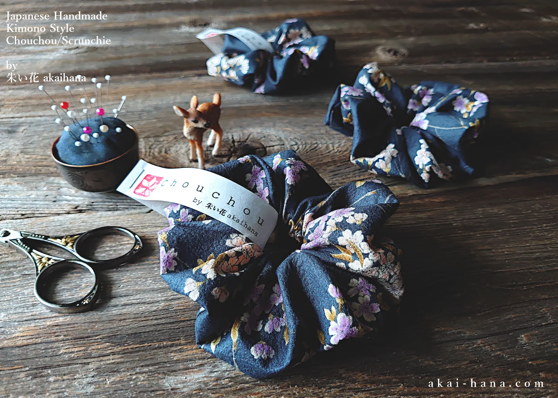 Japanese Handmade Kimono style Scrunchies, Shidarezakura (Weeping Cherry) Dark Blue ⦿scjf0001