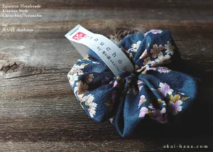 Japanese Handmade Kimono style Scrunchies, Shidarezakura (Weeping Cherry) Dark Blue ⦿scjf0001