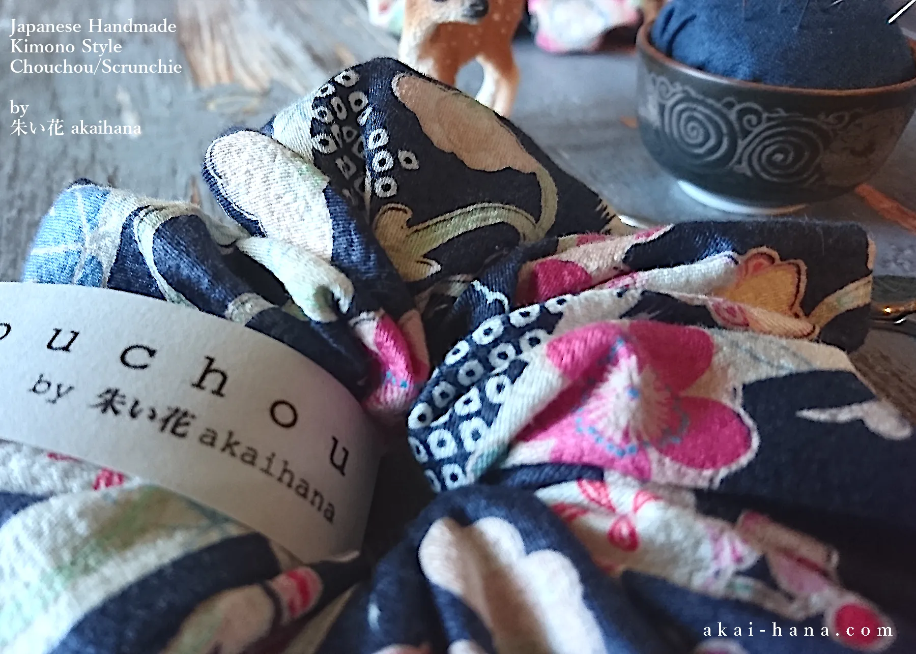 Japanese Handmade Kimono Style Scrunchies, Ume (Plum) and Hikita Navy, scjf0003