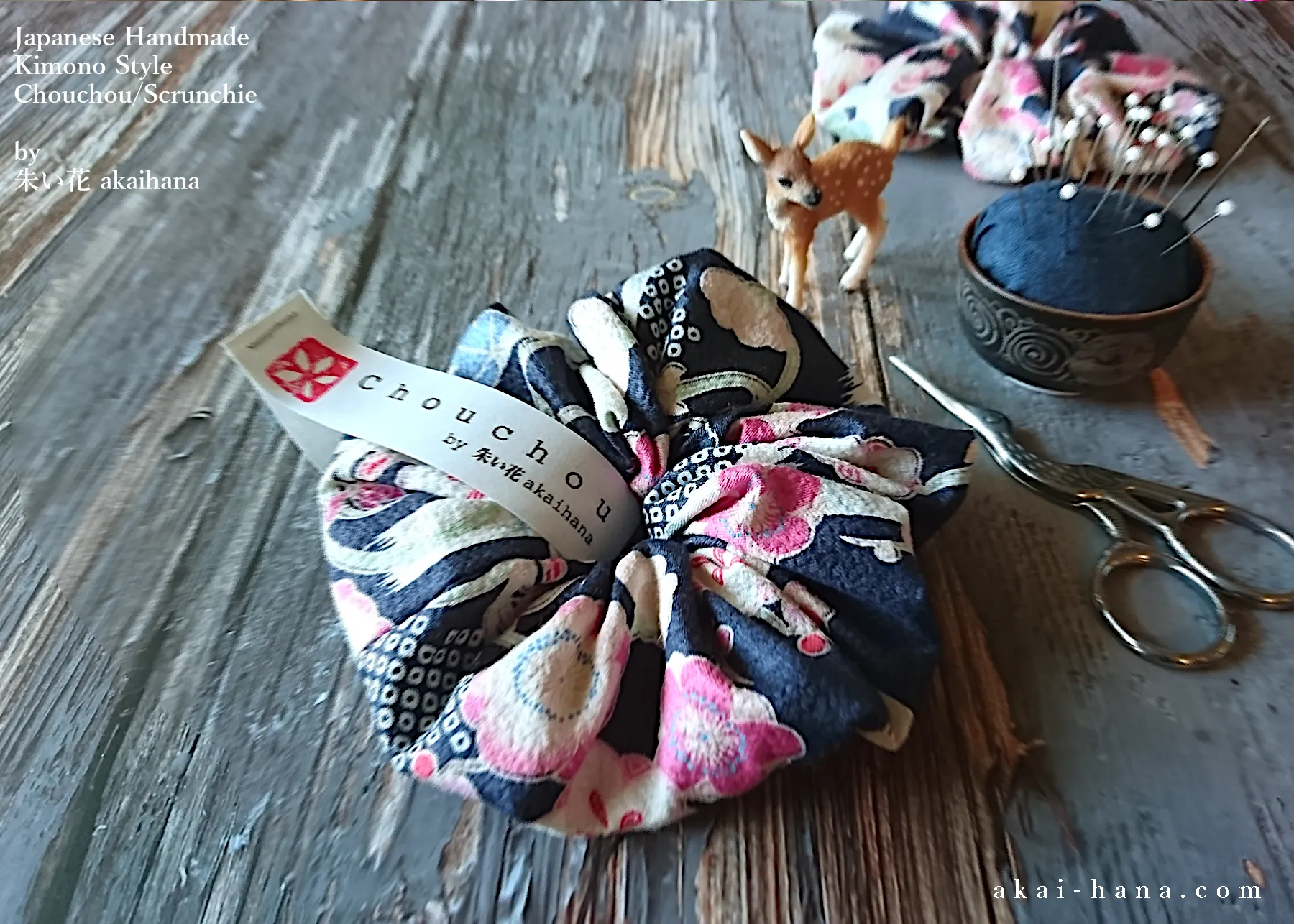 Japanese Handmade Kimono Style Scrunchies, Ume (Plum) and Hikita Navy, scjf0003