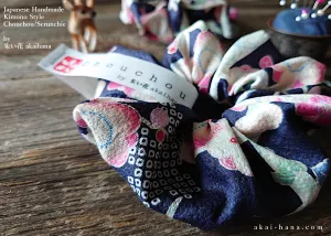 Japanese Handmade Kimono Style Scrunchies, Ume (Plum) and Hikita Navy, scjf0003