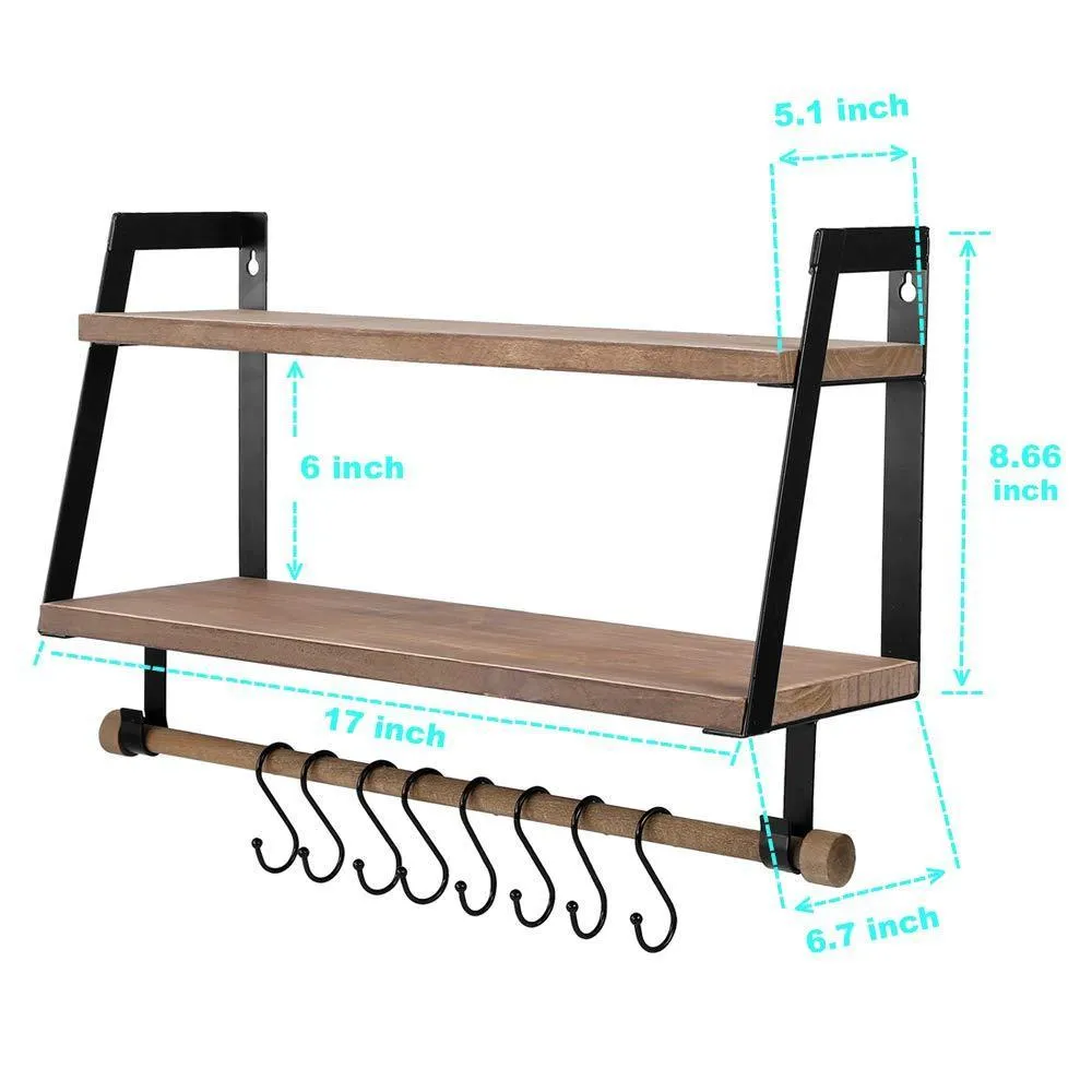 Kakivan 2-Tier Floating Shelves Wall Mount for Kitchen Spice Rack with 8 Hooks Storage, Rustic Farmhouse Wood Wall Shelf for Bathroom Décor with Towel Bar.