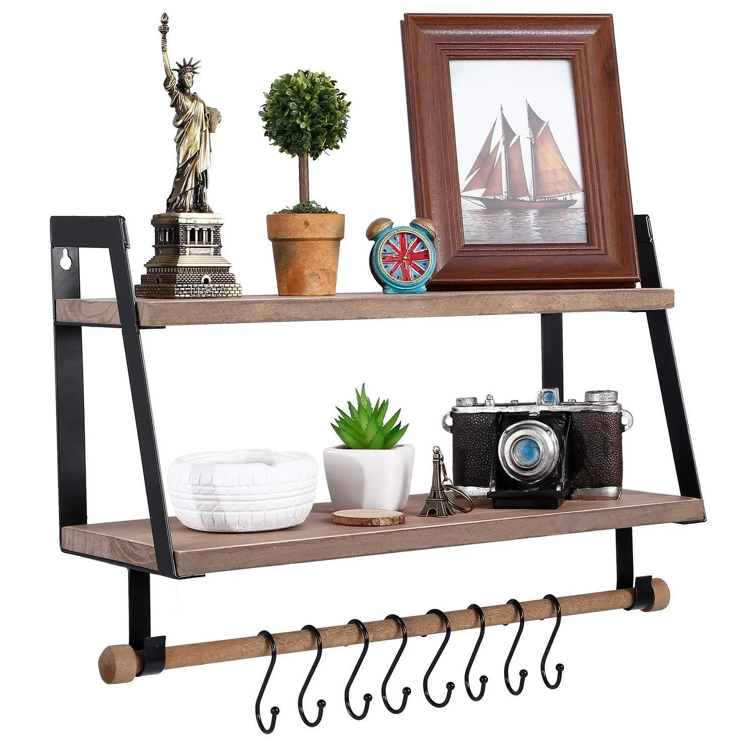Kakivan 2-Tier Floating Shelves Wall Mount for Kitchen Spice Rack with 8 Hooks Storage, Rustic Farmhouse Wood Wall Shelf for Bathroom Décor with Towel Bar.
