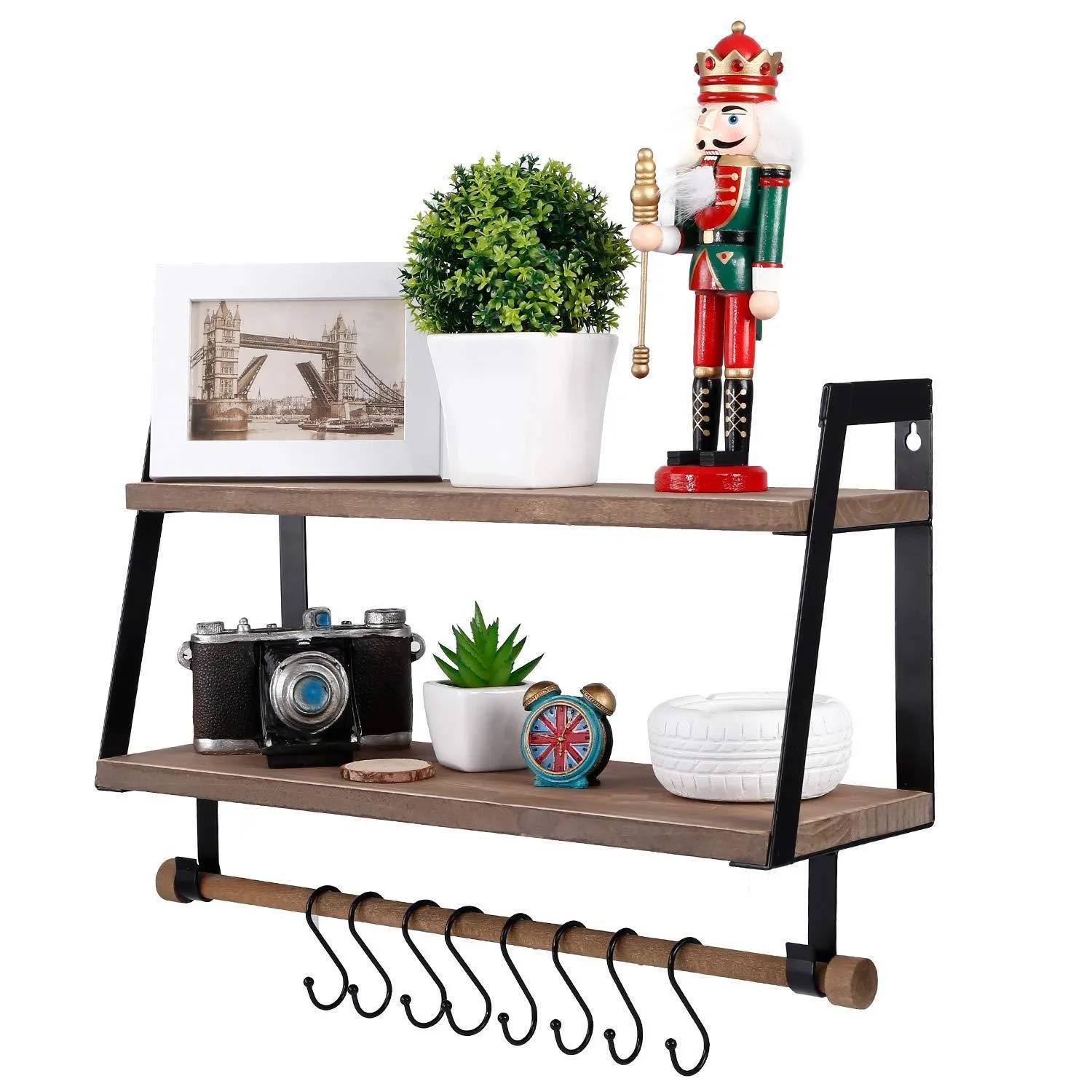 Kakivan 2-Tier Floating Shelves Wall Mount for Kitchen Spice Rack with 8 Hooks Storage, Rustic Farmhouse Wood Wall Shelf for Bathroom Décor with Towel Bar.