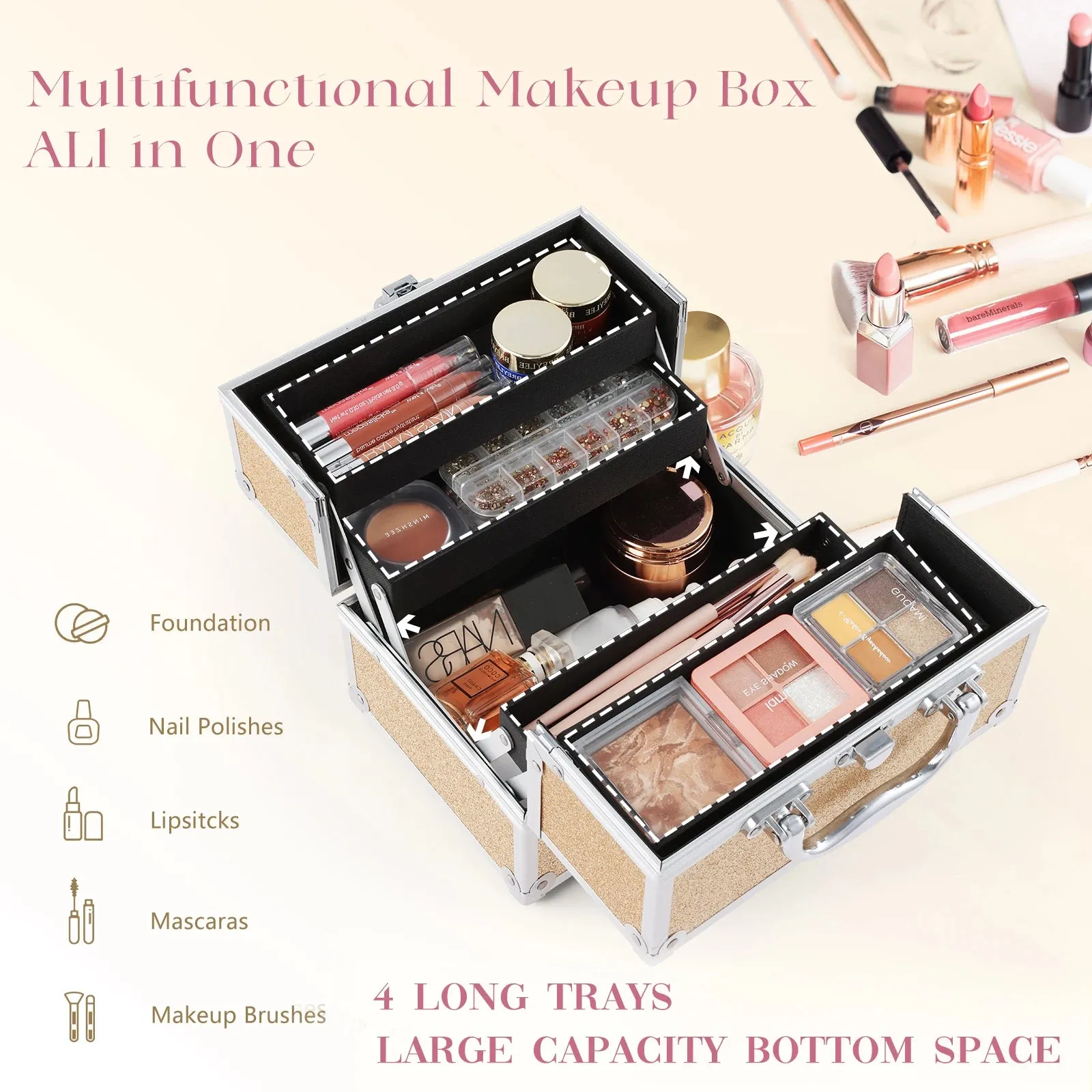 Kawaii Mermaid Makeup Organizer ✨💕 Lockable Cosmetic Case with 4 Trays for Jewelry & Nail Accessories 🌈💖