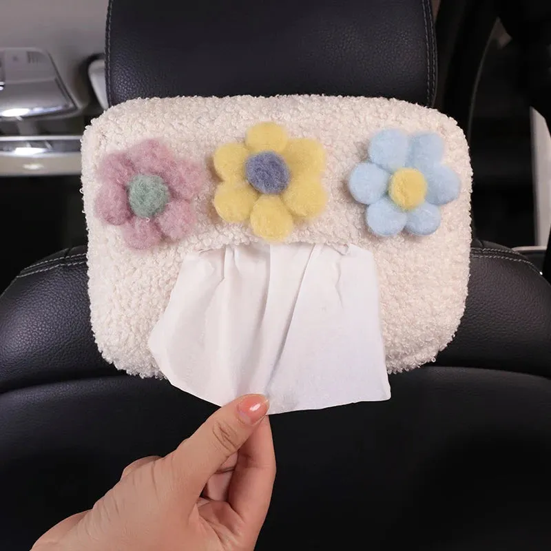 Kawaii Plush Flower Car Tissue Box Holder 🌸🚗 | Cute Auto Visor Organizer for Fun Road Trips! 🧻✨
