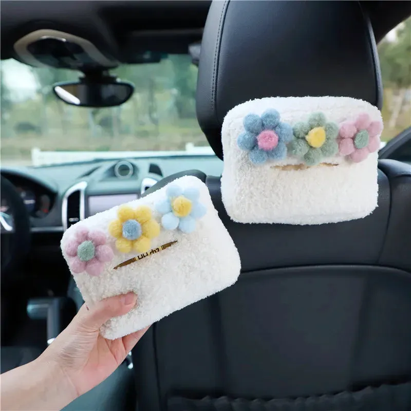 Kawaii Plush Flower Car Tissue Box Holder 🌸🚗 | Cute Auto Visor Organizer for Fun Road Trips! 🧻✨