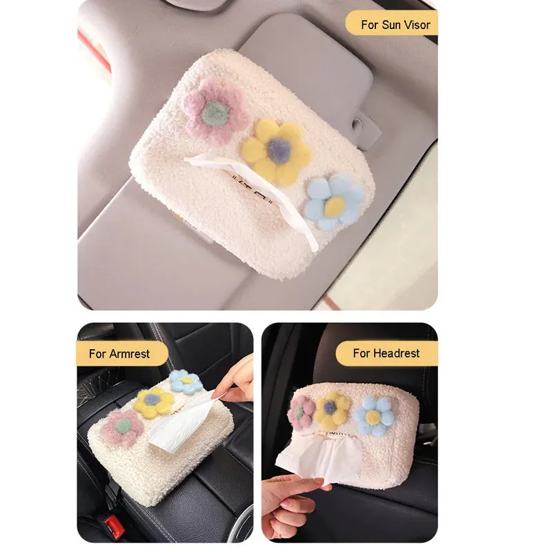 Kawaii Plush Flower Car Tissue Box Holder 🌸🚗 | Cute Auto Visor Organizer for Fun Road Trips! 🧻✨