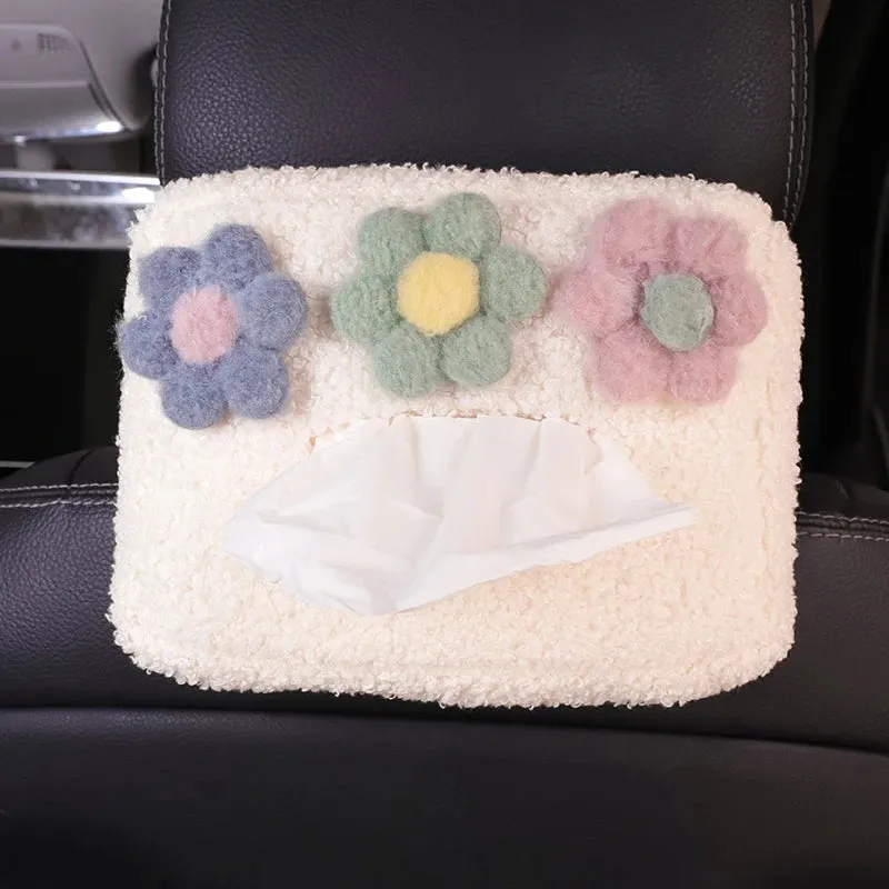 Kawaii Plush Flower Car Tissue Box Holder 🌸🚗 | Cute Auto Visor Organizer for Fun Road Trips! 🧻✨