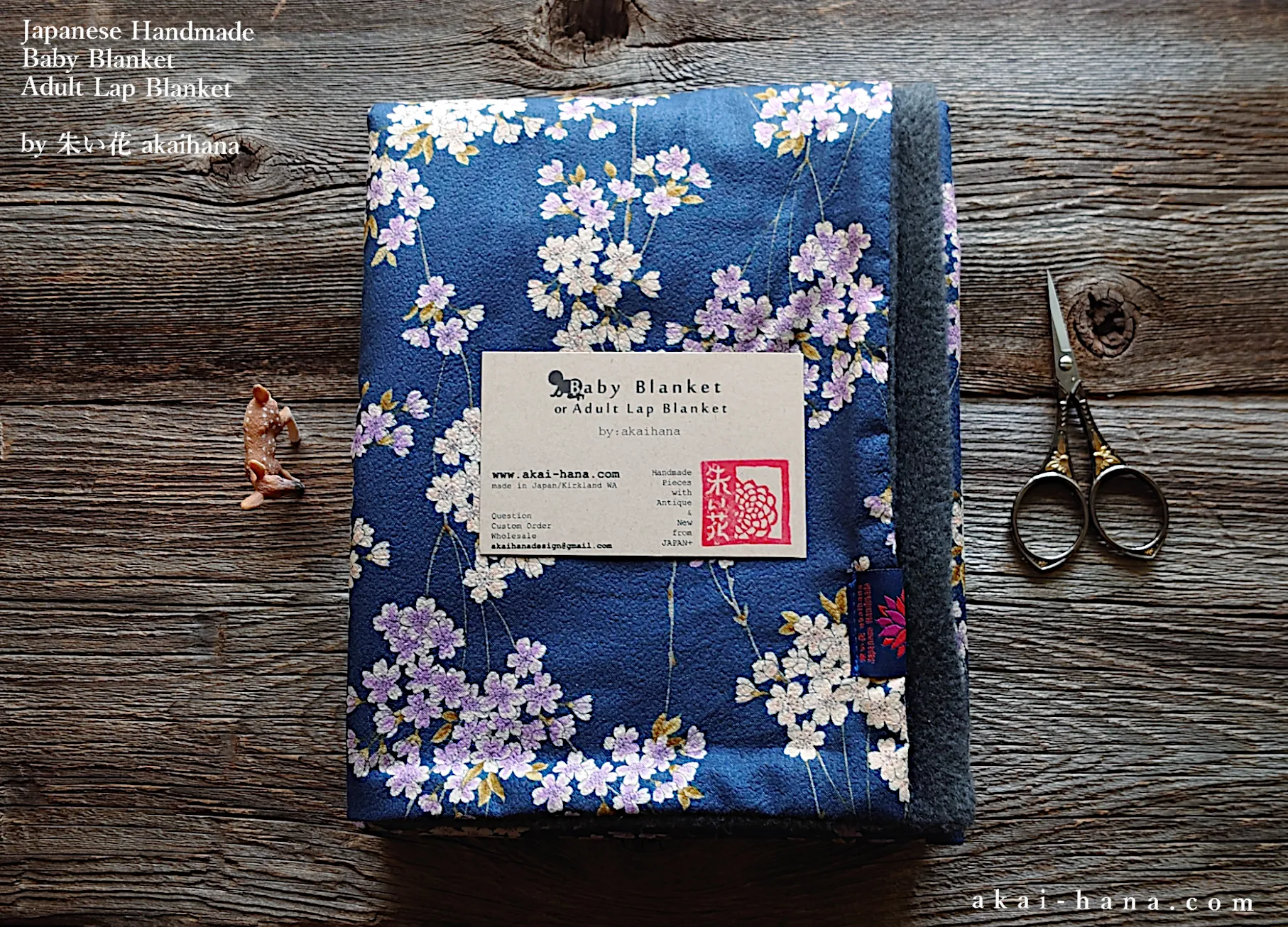 Kimono Baby Blanket/Adult Lap Blanket, Shidare Zakura Navy, 2 sizes ⦿blbj0003