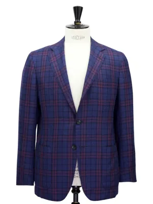 Kiton Blue & Red Cashmere, Silk & Linen Tartan Jacket