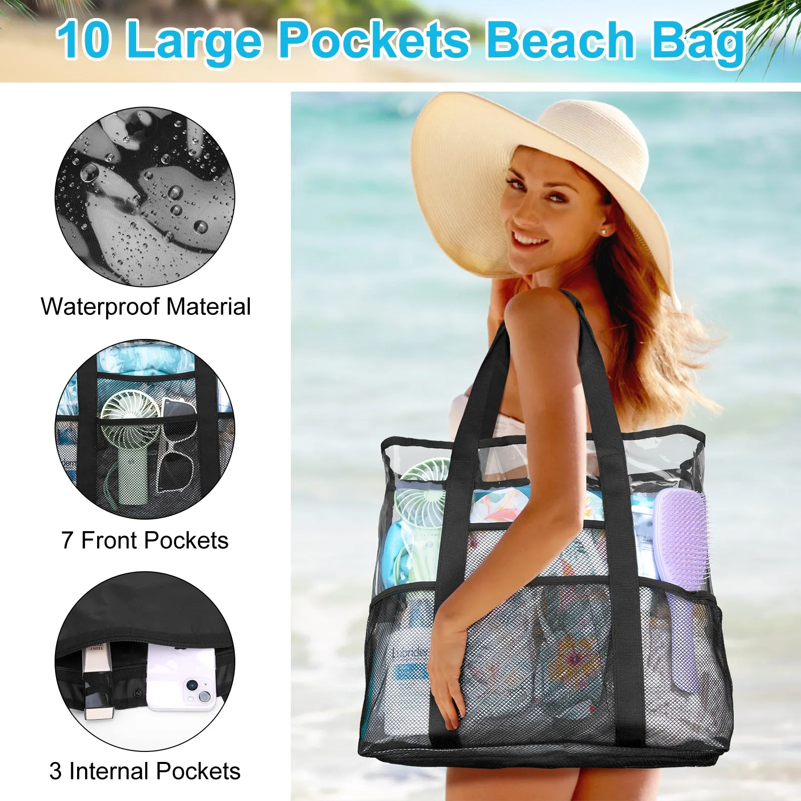 KOITHOT Beach Bag for Women, Clear Tote Mesh with 10 Pockets and Makeup Bags Waterproof Foldable for Summer Travel Pool Gift